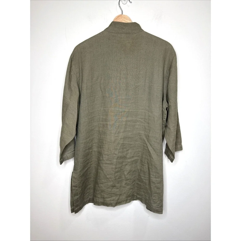 Chicos 100% Linen Button Up Tunic Top L Green Band Collar Sustainable Lagenlook - Picture 4 of 4